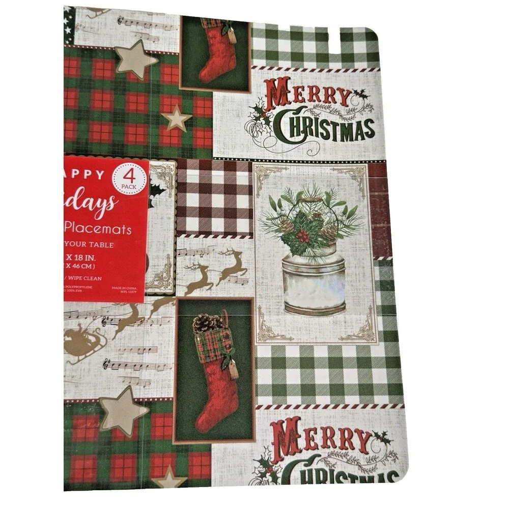 Christmas Patchwork Placemats Set of 4 Vinyl Foam Back Holiday 13x18